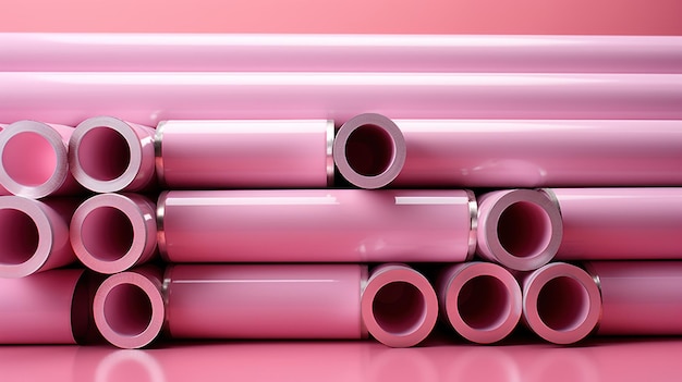 Tubi metallici impilati in fila su uno sfondo rosa
