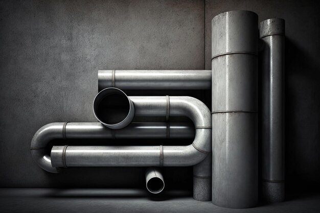 Tubi metallici su sfondo concreto industria moderna
