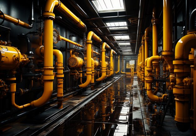 Tubi spessi gialli nella fabbrica alimentare Lunga sala con pavimento bagnato Interni industriali IA generativa