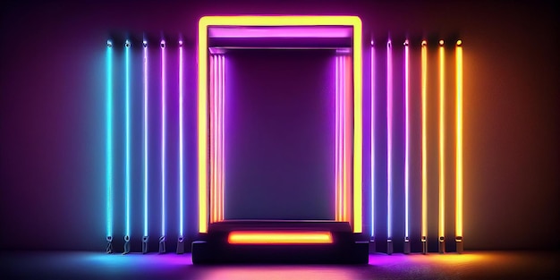 Tubo al neon retrowave stile 3d astratto rosa blu arancione sfondo al neon con arco incandescente Vetrina sul palco delle prestazioni Podio per la presentazione del prodotto AI generativa
