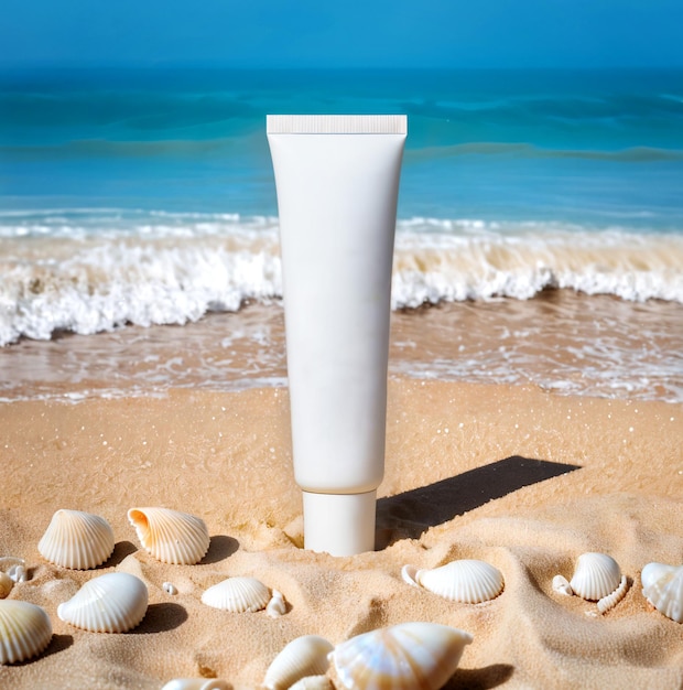 Tubo bianco crema con copia spazio spiaggia sfondo luce diurna concetto pacchetto cosmetico