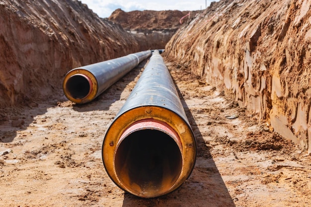 Tubo coibentato Grandi tubi metallici con guaina in plastica posata in una trincea Moderna tubazione per la fornitura di acqua calda e riscaldamento in un'area residenziale