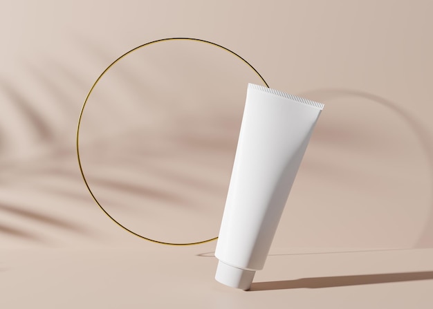 Tubo cosmetico bianco e vuoto senza marchio con anello dorato e ombre vegetali Presentazione del prodotto per la cura della pelle su sfondo marrone chiaro Tubo mockup di lusso con spazio di copia Rendering 3D