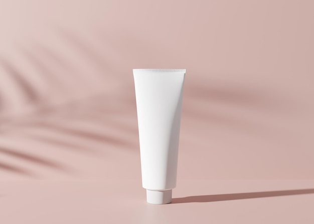 Tubo cosmetico bianco e vuoto senza marchio con ombre vegetali Presentazione del prodotto per la cura della pelle su sfondo rosa Tubo mockup di lusso con spazio di copia Rendering 3D