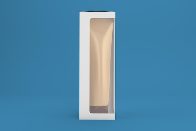 Tubo Crema Con Lato Anteriore Della Scatola Isolato In Sfondo Blu