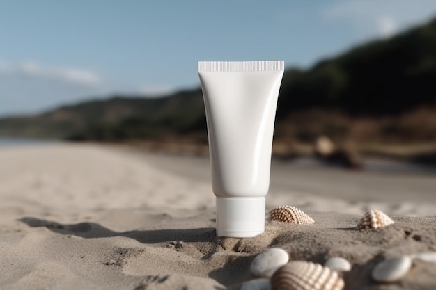 Tubo di crema cosmetica senza marchio vuoto in piedi sulla spiaggia Presentazione del prodotto per la cura della pelle Tubo di bellezza per la cura della pelle con crema idratante per lo spazio di copia Generative AI