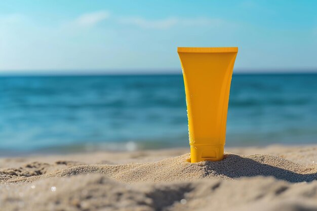 Tubo di plastica giallo vuoto sulla spiaggia con modelli sullo sfondo azzurro dell'oceano per la lozione solare