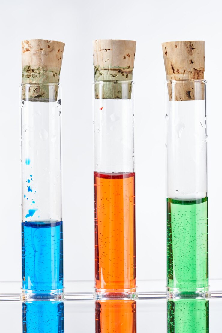 Tubo di vetro da laboratorio con liquido colorato