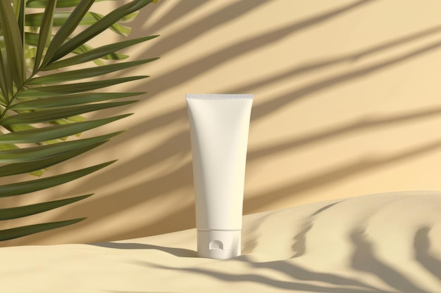 Tubo modello di imballaggio di crema solare su uno sfondo luminoso e soleggiato con foglia di palma tropicale