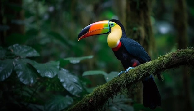 Tucano colorato che si appollaia su una foglia nella foresta pluviale generata dall'intelligenza artificiale