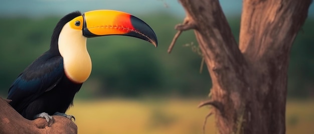 Tucano colorato seduto su un albero generativo ai banner