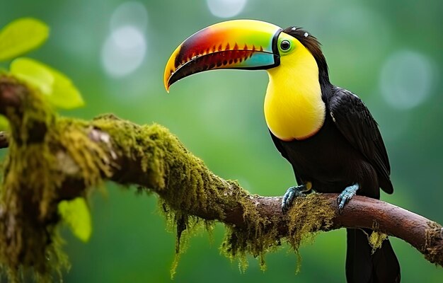 Tucano dalla mandibola castana seduto sul ramo sotto la pioggia tropicale con una giungla verde IA generativa