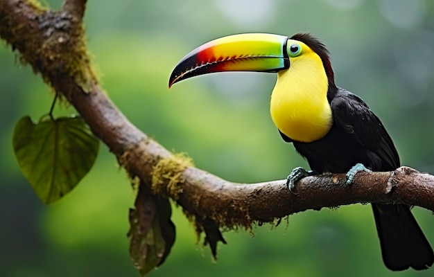 Tucano dalla mandibola castana seduto sul ramo sotto la pioggia tropicale con una giungla verde IA generativa