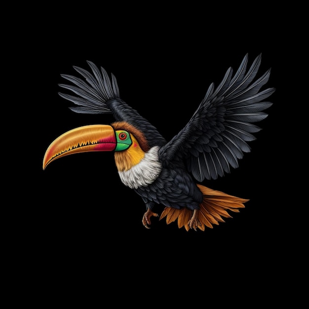 Tucano uccello tropicale che vola con le ali spalancate sullo sfondo nero