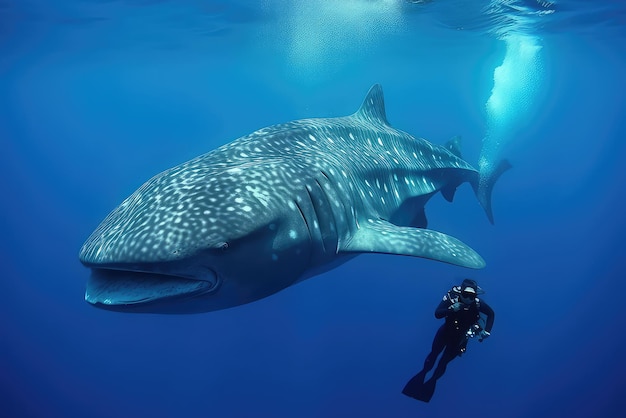 Tuffati in acqua con accanto uno squalo balena