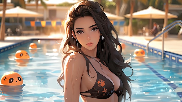 Tuffati nell'Anime Magic Cartoon Girl a bordo piscina nell'arte digitale Kawaii giapponese