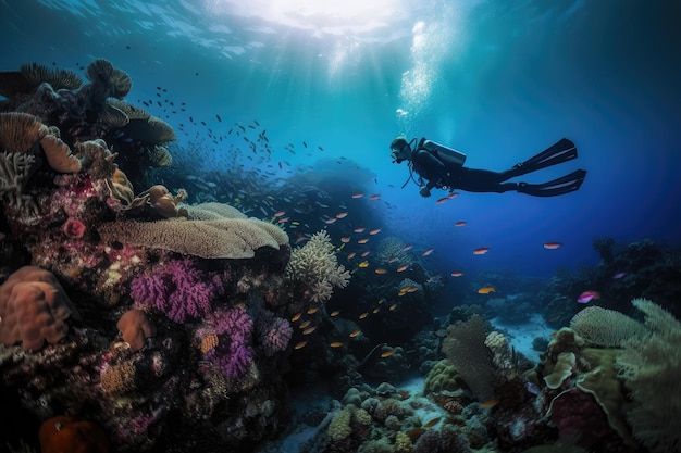 Tuffatore che nuota in acque limpide circondato da pesci colorati e coralli creati con l'intelligenza artificiale generativa