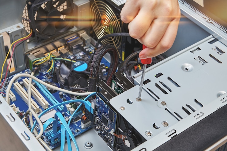 Photo tukang sedang melonggarkan sekrup hard drive komputer pribadi, close-up.