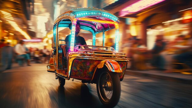 Tuktuk colorati in movimento su una vivace strada della città di notte con luci vibranti