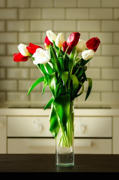 Tulipani bianchi e rossi freschi sullo sfondo della cucina Presenti da uomo marito Copyspace