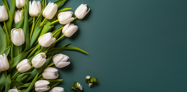 Tulipani bianchi su tela verde scuro con spazio per la copia per il design Buona idea di auguri per San Valentino