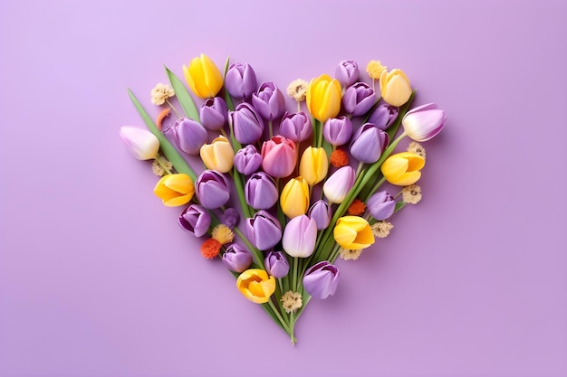 Tulipani colorati a forma di cuore su uno sfondo viola