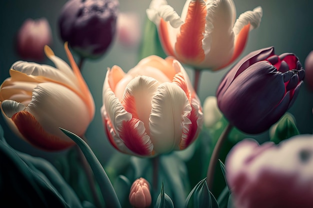 Tulipani colorati che si fondono in un'IA generativa dai colori pastello