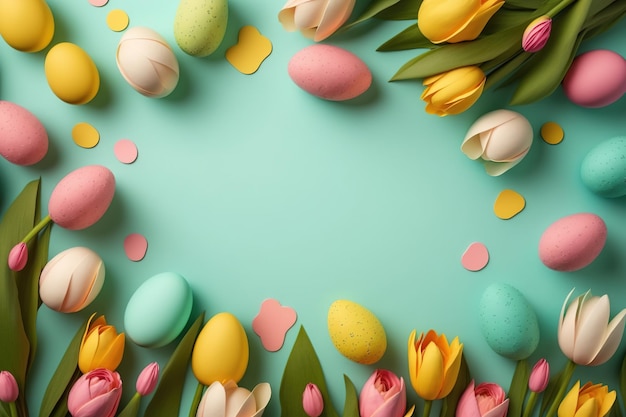 Tulipani colorati e uova che giacciono su sfondo verde acqua con spazio copia per la celebrazione della pasqua