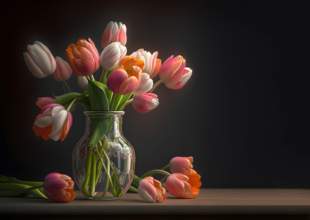 Tulipani colorati in vaso su sfondo scuro Contenuto di intelligenza artificiale generativa