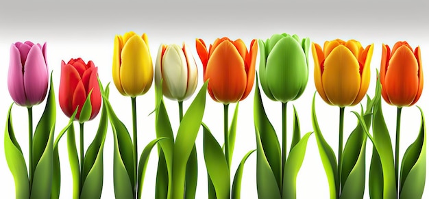 Tulipani colorati su sfondo bianco che simboleggiano la primavera