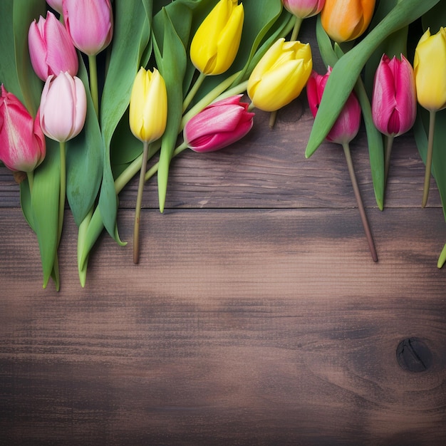 Tulipani colorati su uno sfondo di legno