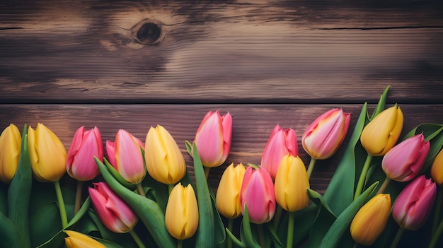 Tulipani colorati su uno sfondo di legno