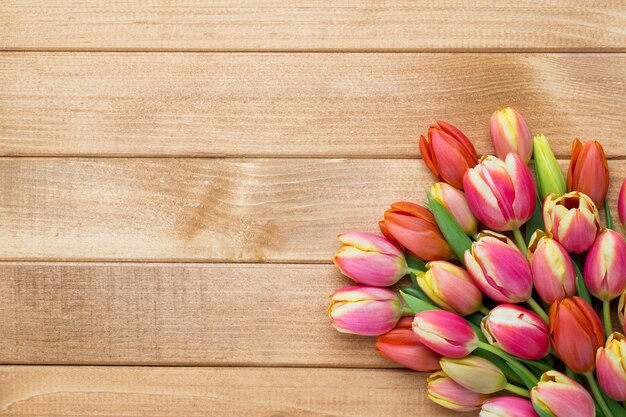 Tulipani di Pasqua della primavera nel secchio su fondo d'annata di legno.