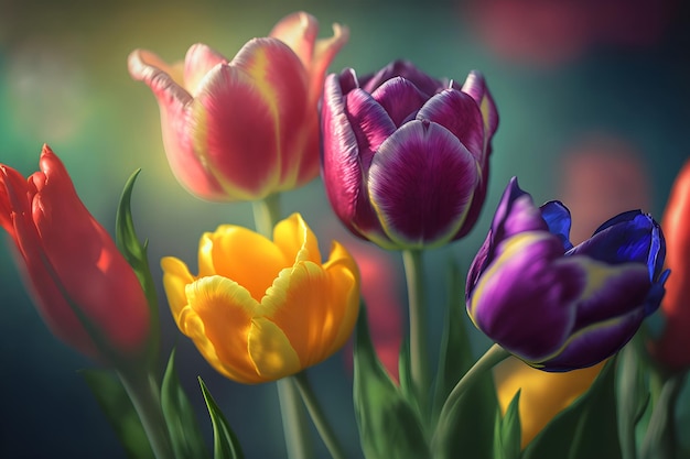 Tulipani fiori primaverili di diversi colori Boccioli di fiori tulipani closeup Miglior regalo per una donna