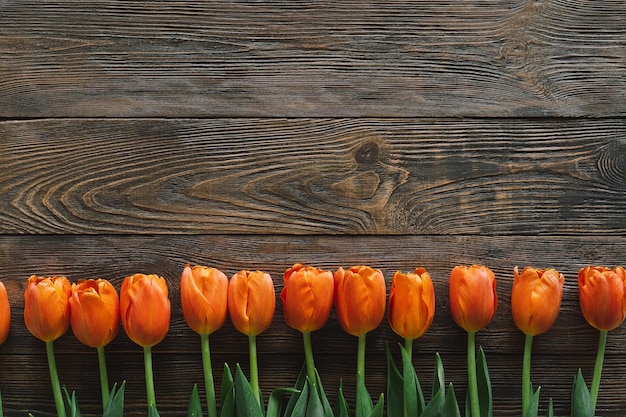 Tulipani freschi laici su sfondo di legno Elegante biglietto di auguri
