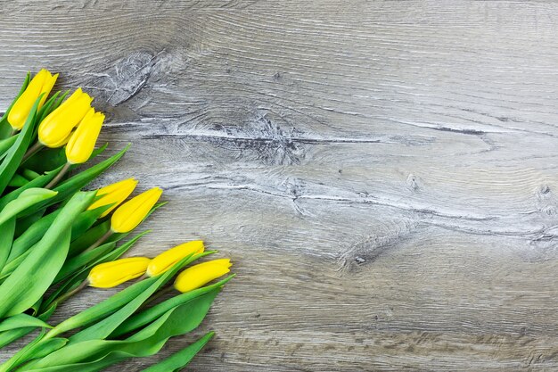 Tulipani gialli su fondo in legno