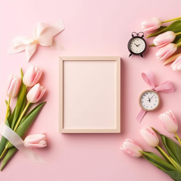 Tulipani rosa con cartoncino vuoto Vista dall'alto della cornice per foto con confezioni regalo AI Generated