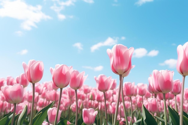 tulipani rosa in un campo di fiori rosa e bianchi.