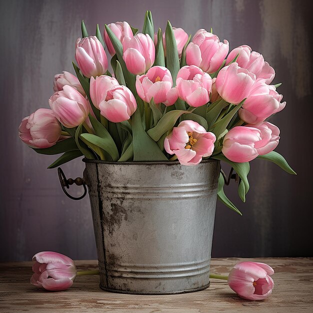 tulipani rosa in un secchio d'argento d'epoca