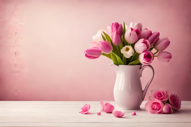 Tulipani rosa in un vaso con fiori rosa su sfondo rosa