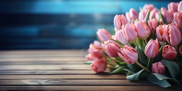 tulipani rosa su fondo in legno AI generativa