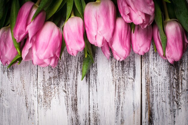 Tulipani rosa su squallido tavolo di legno bianco