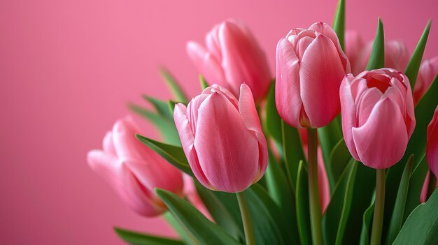 Tulipani rosa su uno sfondo rosa, spazio per il testo su un biglietto di auguri