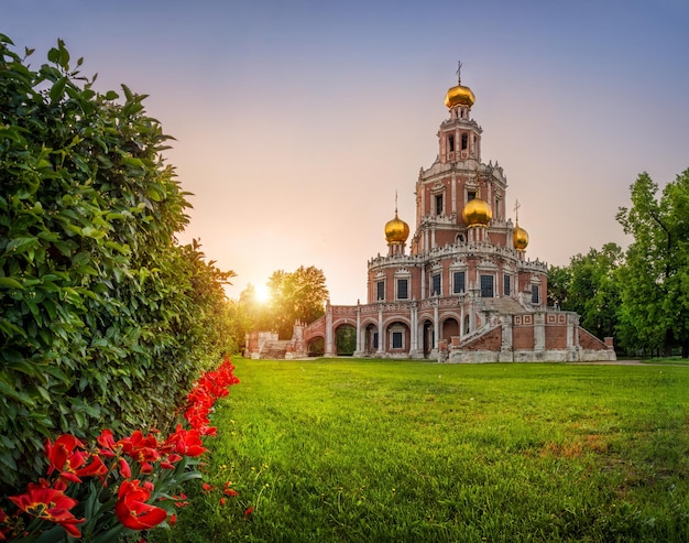 Tulipani rossi al tempio con cupole dorate alla luce del tramonto del sole