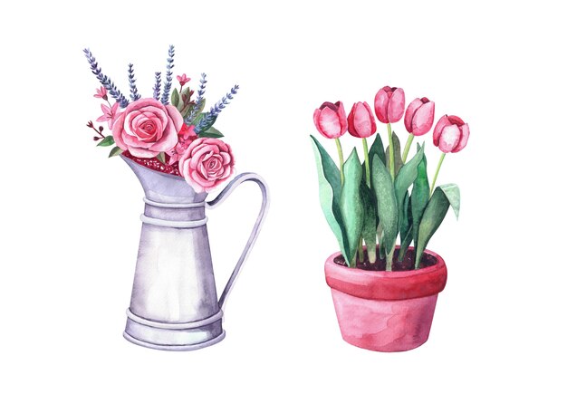 Tulipani rossi dell'acquerello in una pentola, composizione floreale con rose, lovanda e bacche in una brocca di metallo vintage. Illustrazione isolata su sfondo bianco