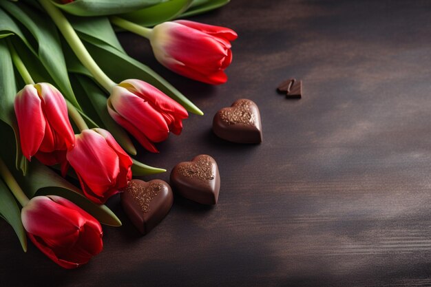 Tulipani rossi e cuori di cioccolato su sfondo di legno scuro Sfondo di San Valentino