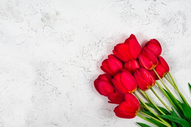 Tulipani rossi su sfondo bianco di cemento Mothers Day 8 marzo Posto per un'iscrizione La base per la cartolina Vista dall'alto