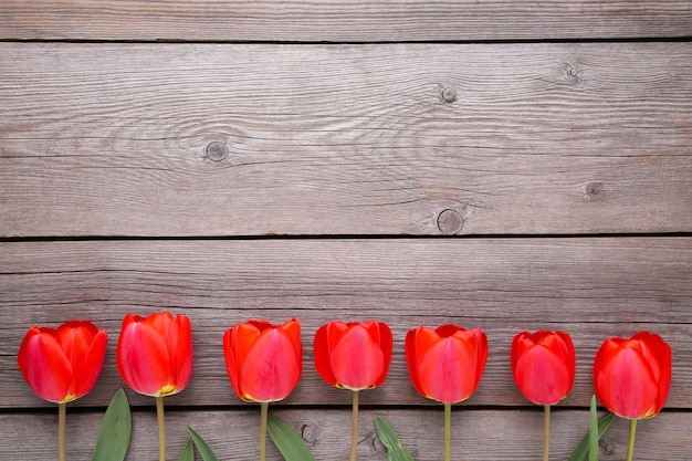 Tulipani rossi su un grigio di legno.