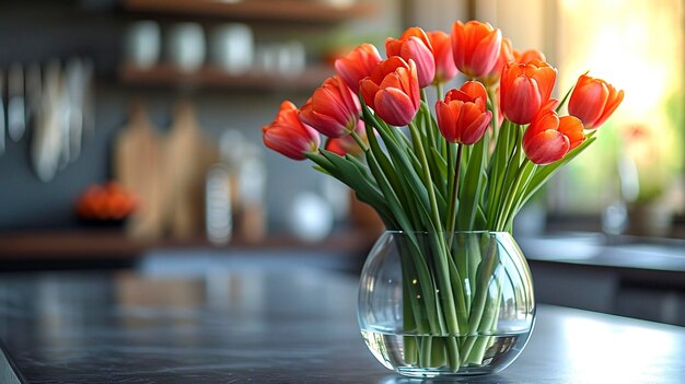 Tulipani rossi sul tavolo in un vaso di vetro in una stanza luminosa