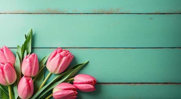 Tulipani su tavole di legno turchesi banner IA generativa